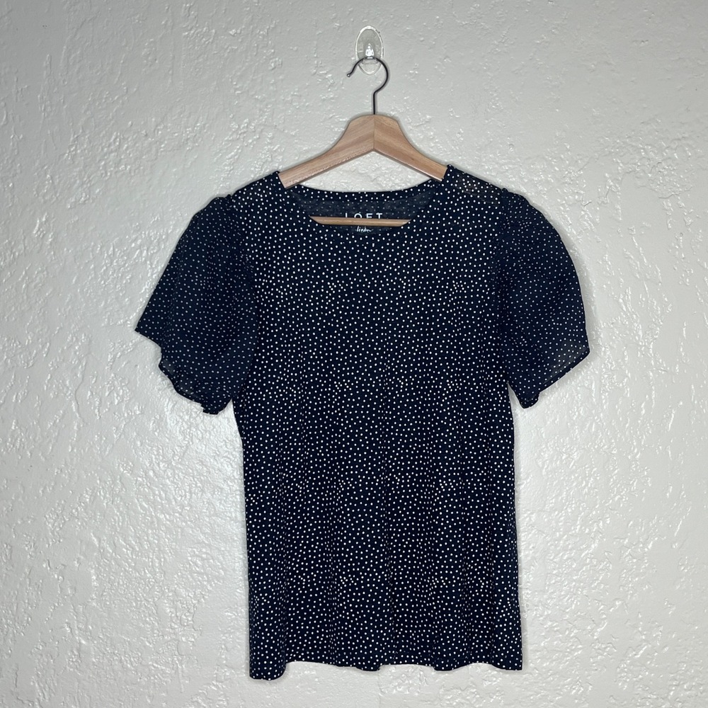 Loft Linen Black Polka Dot Flowy Sleeves Top XS Mixed Media Short‎ Sleeve Blouse